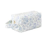 Aniute Cute Floral Quilted Pencil Case with Handle, Large Capacity Cotton Pen Pouch Portable Stationery Organizer for Girls Students Soft Travel Cosmetic Bag (Blue flowers)