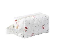 Aniute Cute Floral Quilted Pencil Case with Handle, Large Capacity Cotton Pen Pouch Portable Stationery Organizer for Girls Students Soft Travel Cosmetic Bag (Cherry)