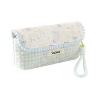 Aniute Cute Quilted Pencil Case Floral & Gingham Pattern Pen Pouch with Wrist Strap Aesthetic Large Capacity Makeup Bag for School Office Makeup Bag and Organizer (Lid-C)