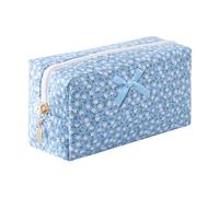 Aniute Floral Quilted Pencil Case with Bow Large Capacity Aesthetic Pen bag Makeup Bag Cute Cosmetic Organizer Pouch Stationery Storage Bag for School Office Travel (Blue small flower)