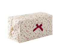 Aniute Floral Quilted Pencil Case with Bow Large Capacity Aesthetic Pen bag Makeup Bag Cute Cosmetic Organizer Pouch Stationery Storage Bag for School Office Travel (Red small flower)