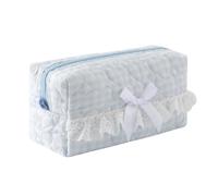 Aniute Floral Quilted Pencil Case with Bow Large Capacity Aesthetic Pen bag Makeup Bag Cute Cosmetic Organizer Pouch Stationery Storage Bag for School Office Travel (Blue heart)