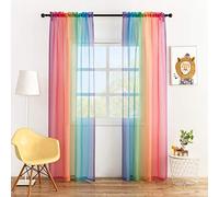 Anjee Rainbow Sheer Curtains 54 inches Long Ombre Colorful Faux Linen Texture 2 Panels Rod Pocket Semi Sheer Gauze Voile Drapes for Kids Bedroom Playrooms Nursery Patio, 52 x 72 Inches