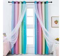 Anjee Star Curtains for Kids Bedroom 2 Panels 2 in 1 Double Layer Blackout Curtains Grommets Top Star Cutout Ombre Rainbow Curtains Sheer for Girls Living Room 52 x 63 inch, Pink and Yellow 132x160cm
