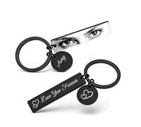 AnJeey Custom Eye Photo Keychain for Couples - Personalised Rectangle Metal Gift for Boyfriend Girlfriend Husband Wife - Engraved Double Side Keepsake with Quote (Love You, Drive Safe, Forever Yours)