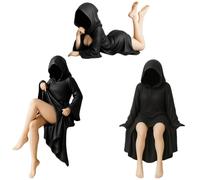 Anjinguang 3Pcs Anime Illustration Masked Black Robe Girl Figure Cartoon Character Mysterious Statue Desktop Original Art Painting Figurine Desktop Ornament