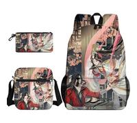 Anjinguang 3Pcs Cartoon Print Backpack Set for Boys Girls with Shoulder Bag & Pencil Case, He Xuan/Hua Cheng/Xie Lian Backpack School Bag Large Capacity Waterproof Rucksack