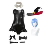 Anjinguang Anime Re:0 Cosplay Costume Rem Cosplay Witch Style Black PU Leather Bodysuit with Gloves and Hat Halloween Outfits for Fancy Dress