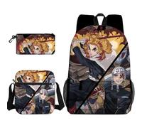 Anjinguang Kamado Tanjiro Backpack 3Pcs Set, Kamado Nezuko Rengoku Kyoujurou 3D Prints Anime Schoolbag with Single Shoulder Bag and Pencil Case, Student Leisure Travel Book Bag