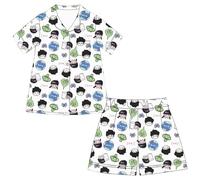 Anjinguang Mob Psycho 100 Pyjama Two-Piece Set Shirt Shorts Pyjama Kageyama Shigeo/Mob Figure Printed Summer Pyjama for Womens Girls Cardigan Homewear Sleepwear