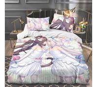 Anjinguang Nekopara Anime 3 Piece Bedding Set-Chocola/Vanilla 3D Single/Double/King Size Duvet Cover Set Cartoon Super Soft Quilt Cover 3pcs with Pillow Cover for Boys Girls Adults Bedroom
