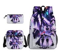 Anjinguang Sung Jin Woo Backpack 3-Piece Set Cha Hae-in Anime 3D Printed Schoolbag with Shoulder Bag and Stationery Bag 3 in 1 Casual Lightweight Bookbag Travel Rucksack