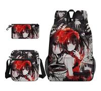 Anjinguang Tokisaki Kurumi Backpack 3Pcs Set, Yatogami Tohka/Tobiichi Origami 3D Prints Anime Schoolbag with Single Shoulder Bag and Pencil Case, Student Leisure Travel Book Bag
