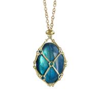 Anjiucc Handmade Necklace with Crystal Holder - Stainless Steel Stone Cage, Crystal Pendant Necklace, Quartz Gemstone Jewelry for Women and Men., Stainless Steel, Labradorite