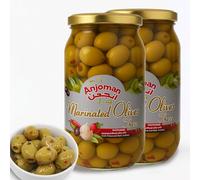 ANJOMAN 2 x Marinated Olive THESS - Chilli & Garlic Green Kalamata Pitted 1L Jars | Mediterranean Spicy Olives with Garlic & Red Bella Olives