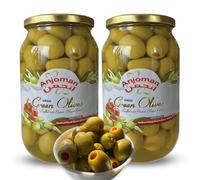 ANJOMAN 2 x Olive Green St. Pimiento - Mammoth 1L Jars | Authentic Stuffed Green Olives with Red Pimiento