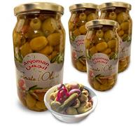 ANJOMAN 4 x Marinated Olive Chios - Cocktail Green Kalamata Pitted 1L Jars | Bulk Family Pack | Olives with Garlic, Baby Cucumber, Red Pepper & Herbs