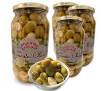 ANJOMAN 4 x Marinated Olive Crete - Lemon & Coriander Green Pitted 1L Jars | Family Bulk Pack | Mediterranean Olives with Garlic & Herbs
