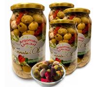 ANJOMAN 4 x Marinated Olive Milos - Green Kalamata Pitted 1L Jars | Bulk Pack | Mixed Olives with Garlic, Pepper & Herbs
