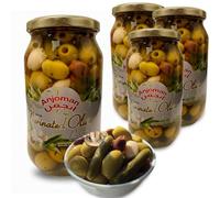 ANJOMAN 4 x Marinated Olive PASARGAD - Green Kalamata Pitted 1L Jars | Mediterranean Mixed Olives with Garlic, Herbs, Baby Mushroom, Red Bella Olive & Cucumber