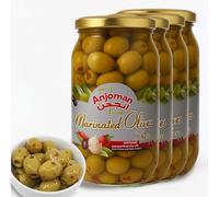 ANJOMAN 4 x Marinated Olive THESS - Chilli & Garlic Green Kalamata Pitted 1L Jars | Bulk Family & Catering Pack | Spicy Mediterranean Olives