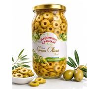 Anjoman Green Sliced Olives 1L - Ready to Use Sliced Mediterranean Olives in Brine - Uniformly Cut Green Olives for Pizzas, Salads, Sandwiches & Cooking - 1 Litre Premium Glass Jar
