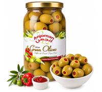 Anjoman Mammoth Green Olives Stuffed with Pimiento 1L Extra Large Premium Mediterranean Table Olives - Savory & Sweet Gourmet Cocktail Olives for Dirty Martinis, Charcuterie & Tapas 1 Litre Glass Jar