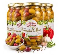 ANJOMAN Marinated Greek Olives Chios - Pitted Green & Kalamata Olives with Garlic, Gherkin & Red Pepper | Bulk 6 x 1L Jars