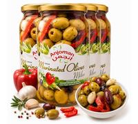 ANJOMAN Marinated Greek Olives Milos - Garlic & Pepper Pitted Green & Kalamata Mix | 4 x 1L Glass Jar Pack (4L Total)