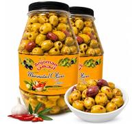 ANJOMAN Marinated Greek Olives Thess - Spicy Chilli Flakes & Garlic Pitted Green & Kalamata Mix | 2 x 3.3L Bulk Jar Pack (6.6L Total)