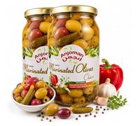 Anjoman Marinated Olive Chios 2 x 1L (Pack of 2) - Premium Cocktail Mix of Pitted Green & Kalamata Olives - Infused with Garlic, Baby Cucumber, Red Pepper & Herbs in Brine - 2 litres Total