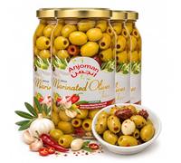 ANJOMAN Marinated Olives 4x1L Bulk Pack | Pitted Green & Kalamata Spicy Chilli Garlic Mix in Brine | Authentic Greek Mediterranean Table Olives