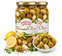 ANJOMAN Marinated Olives Crete Pack of 2 x 1L | Pitted Green Olives with Zesty Lemon, Coriander & Garlic Brine | Greek Mediterranean Table Olives