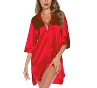 Anjue Satin Nightgown For Women 3/4 Sleeve Silk Nightshirt Button Down Pajamas Dress Boyfriend Sleepshirt, Red, L