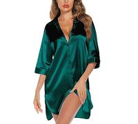 Anjue Satin Nightgown For Women 3/4 Sleeve Silk Nightshirt Button Down Pajamas Dress Boyfriend Sleepshirt, Dark Green, L