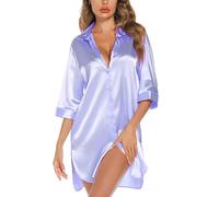 Anjue Satin Nightgown For Women 3/4 Sleeve Silk Nightshirt Button Down Pajamas Dress Boyfriend Sleepshirt, Light Purple, L