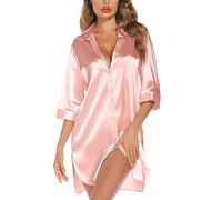 Anjue Satin Nightgown For Women 3/4 Sleeve Silk Nightshirt Button Down Pajamas Dress Boyfriend Sleepshirt, Rose Gold, M