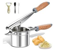 ANJUKE Potato Ricer Stainless Steel with Fixed Disc, Heavy Duty Potato Masher with Wood-Plastic Handle, Includes Ceramic Scraper, Silicone Spatula & Cleaning Brush for Mashed Potatoes