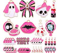 Anjulery Halloween Enamel Charms, 32 Pcs Metal Set, 8 Pink-Black Pastel Goth Designs for Jewelry Making, Keychains, Phone Straps (Ghost Bride, Skull, Lipstick, Bow, Bat Lips, Compact, Bloody Dress