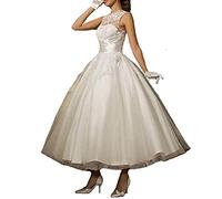 ANJURUISI Women's Lace Scoop Sleeveless Tea Length Tulle Bride Ball Gown Wedding Dresses Ivory-UK16