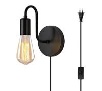 ANKBOY Vintage Wall Light with Switch and Socket with Cable E27 Black Metal Industrial Wall Lighting for Living Room Hallway Loft Bar (No Bulbs)