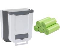 ANKEPEEC Small Food Folding Waste Bin for Kitchen with 100pcs Trash Bags 10-15l, Foldable Cupboard Trash Can Wall Mounted Kitchen Cabinet Door Under Sink Garbage Can White