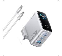 Anker 100W USB C Charger, 3-Port Fast Charger Plug, Ultra-Compact GaN Laptop Charger, Smart Display, Touch Control, for MacBook, iPad, iPhone 17/16/15 Series (Silver, USB-C Cable Included)