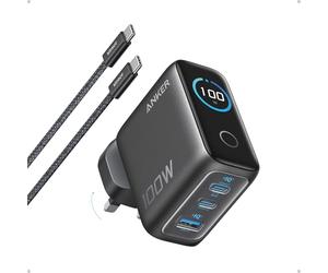 Anker 100W USB C Charger, 3-Port Fast Charger Plug, Ultra-Compact GaN Laptop Charger, Smart Display, Touch Control, for MacBook, iPad, iPhone 17/16/15 Series (USB-C Cable Included)