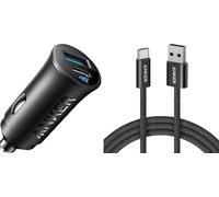 Anker Car Charger&USB-C Charger Cable(1m Nylon 18W), 30W 2-Port USB C Car Adapter with PowerIQ 3.0, For iPhone 17/16/15/14/13 Series, Galaxy S23/S22/S21, iPad Pro, AirPods, and More