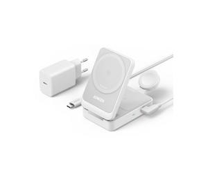 Anker MagGo Cargador Inalámbrico iphone 3 en 1, Soporte de Carga 15 W Certificado Qi2, iPhone 15/14/13, AirPods, Apple Watch 9 (Enchufe Incluido)
