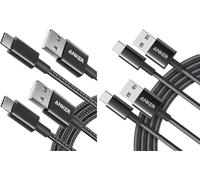Anker USB C Charger Cable, 4-Pack 10 ft * 2 +6 ft * 2 (3 m * 2+1.8 m * 2) USB to USB C Cable, USB A to USB C Braided Phone Charger Cable for iPhone 17/16/15, iPad Pro, Samsung Galaxy, and More(Black)