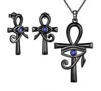 Ankh Cross Eye of Horus Necklace Earrings Jewelry Set for Mens Womens 925 Sterling Silver Black Metal Horus Eye of Ra Ankh Cross Neckalce Earrings Set Blackgun Mens Fashion Jewelry FS0125K