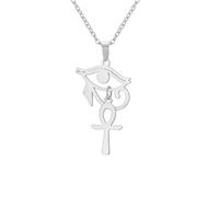 Ankh Cross Y Necklace Key of Life Eye of Horus Pendant Cartouche Long Chain Protection African Coptic Amulet Ancient Egyptian Religious Jewelry Gift for Women Men (Ankh Cross Eye of Horus silver 2)