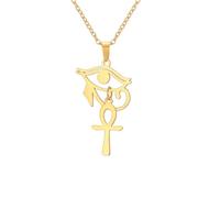 Ankh Cross Y Necklace Key of Life Eye of Horus Pendant Cartouche Long Chain Protection African Coptic Amulet Ancient Egyptian Religious Jewelry Gift for Women Men (Ankh Cross Eye of Horus gold 2)